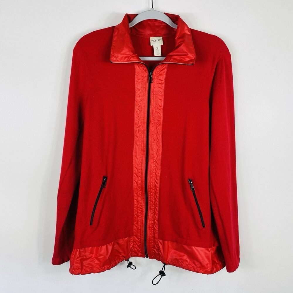 Chico's Jacket Large 2 12 Zenergy Red Becca Mixed Fabric Zip Up Lightweight